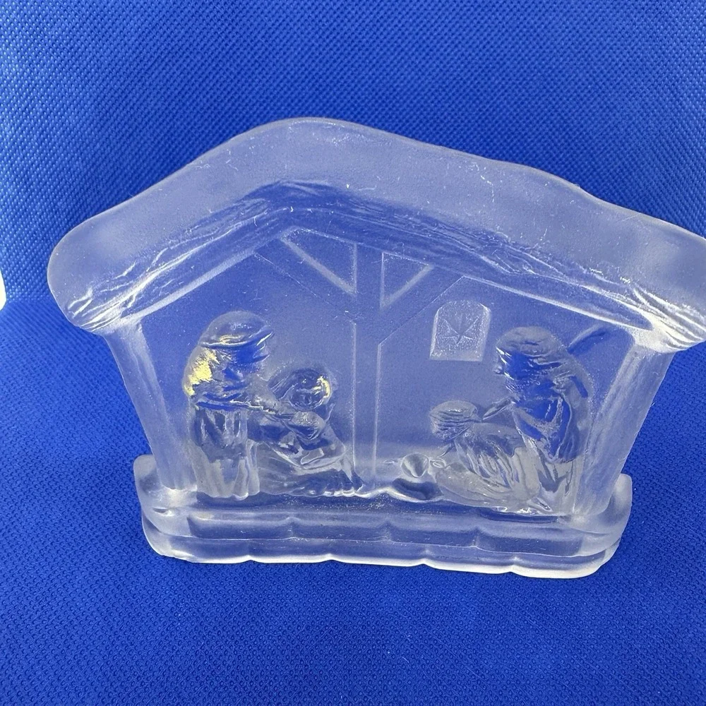 Vintage Frosted Glass Candle Holder Christmas Nativity Scene Manger 4